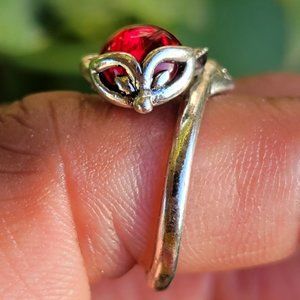 Adorable stamped 925 red glass fox wrap around silver ring